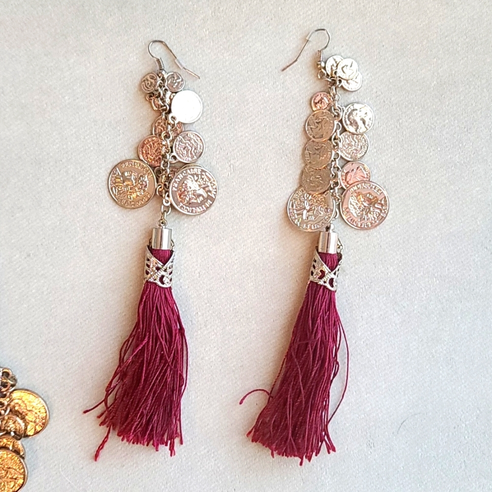 Gold and maroon tassle earrings